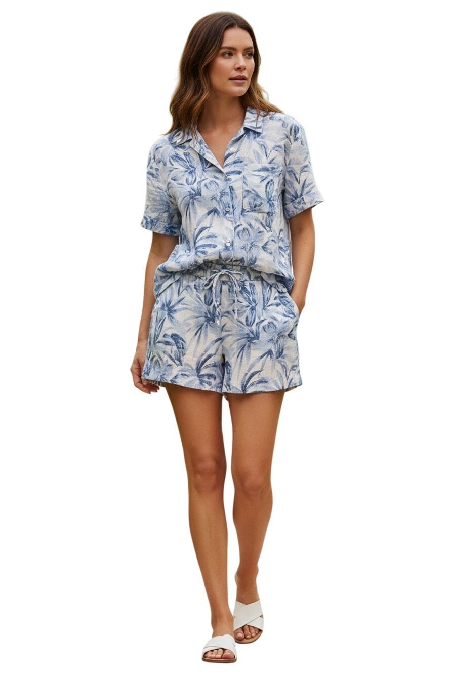 Tommy Bahama $236 Bravo Blooms Linen Blue Yander Shirt Short Set Size XL